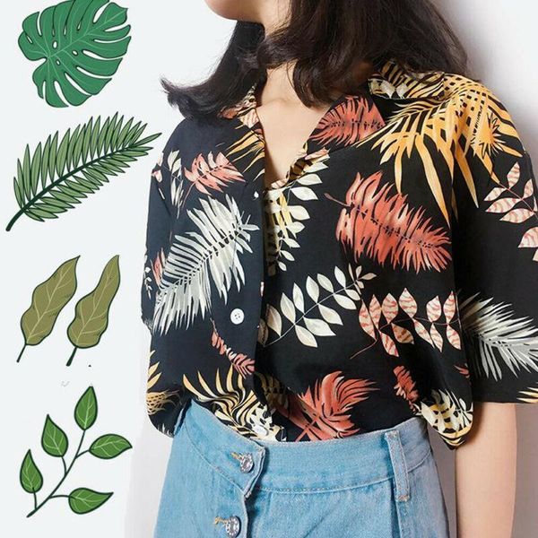

2021 gothic women short sleeve hawaiian shirt floral print female casual blouse streetwear ladies hawaiian shirt mujer ropa, White