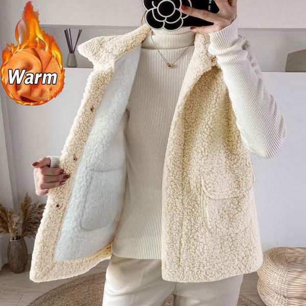 

women's vests lamb plush vest coats women 2021 autumn winter korean harajuku warm sleeveless parkas waistcoat casual tank jackets, Black;white