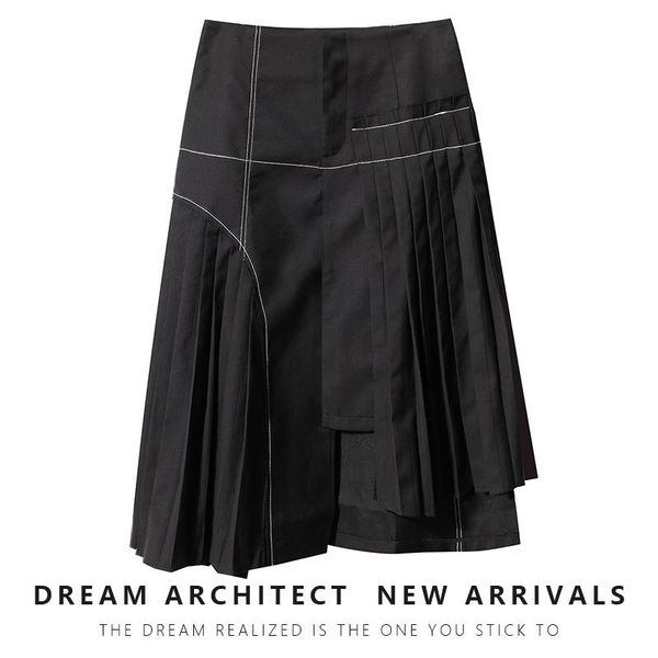 

skirt autumn winter 2021 irregular stitching open line black medium length heavy industry pleated a-line skirt