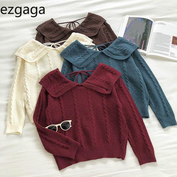 

women's sweaters ezgaga for women autumn fashion sweet lace up v-neck knitted pullovers female korean retro long sleeve solid, White;black