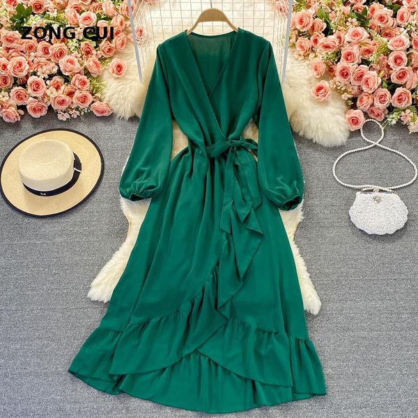 

casual dresses 2021 autumn women ruffle dress v-neck long sleeve red green black vestidos elegant boho wrap fashion party, Black;gray