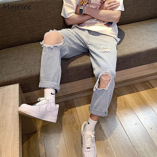 

men's jeans hole men zipper denim ankle-length straight trousers design ripped all-match hombre hong kong style stylish retro jean, Blue