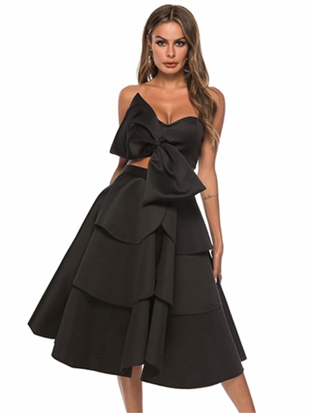 

2021 new women summer 2 pieces sets crop skirts off shoulder backless big bowtie high waist swing skirt ruffle night party jupe kv, Black;gray