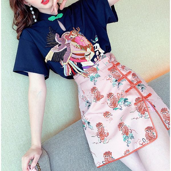 

luxury cheongsam chine style cheongsam modified dr's summer 2021 printed blouse skirt two piece set, Blue;red