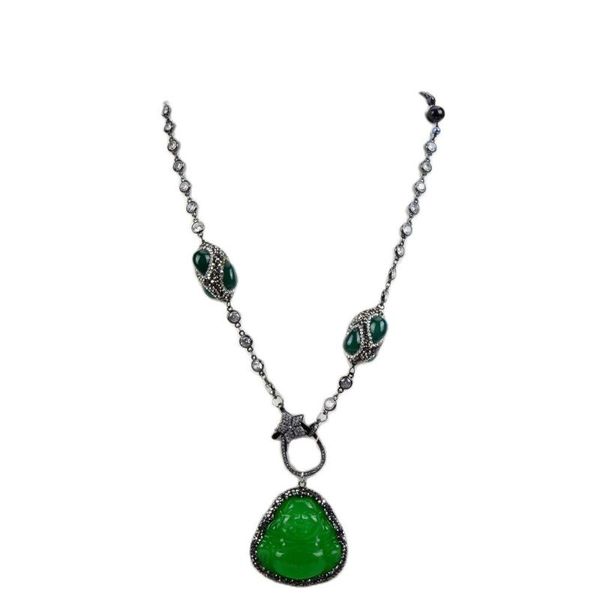 

pendant necklaces jk 26'' green agates black pearl chain necklace jades buddha cz paved cute style for women, Silver
