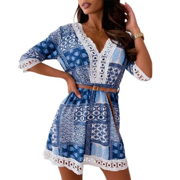 

party dresses summer women dress elegant plus size flower printed v-neck half sleeve lace spliced a-line casual, White;black
