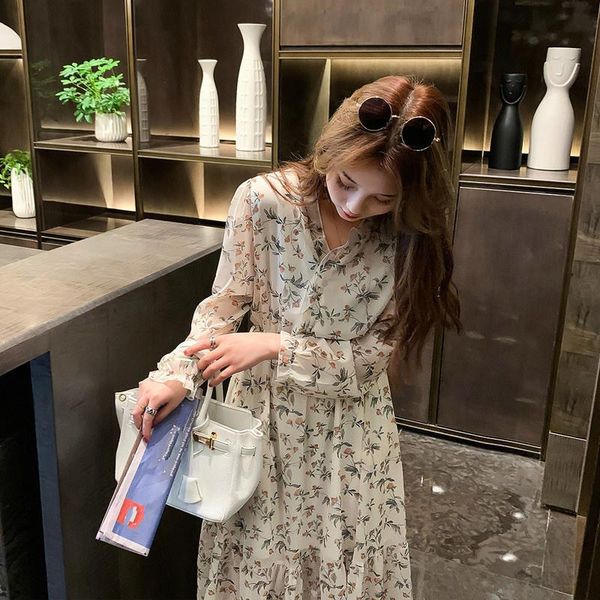 

casual dresses elegant v-neck flower print women chiffon dress elastic waist irregular hem ruffles vestidos femme a1668, Black;gray
