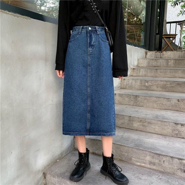 

skirts korean style casual denim skirt summer autumn women a-line long maxi woman high waist jeans plus size 5xl, Black