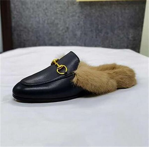 

women princetown loafers autumn winter warm wool slippers classic metal buckle embroidery sandals men leather half slipper pattern slides, Black