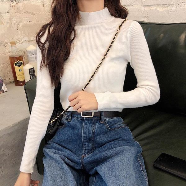 

women's sweaters fashion knitted warm sweater women pullover korean oversize turtleneck jumper solid elasticity slim fit clothes, White;black