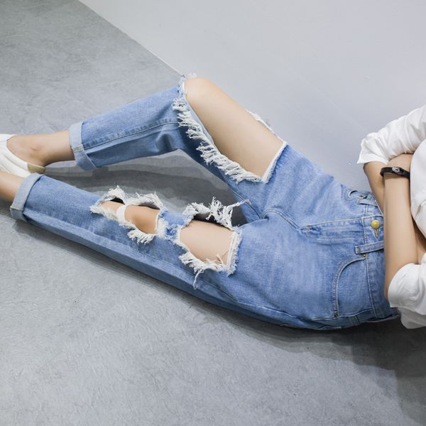 

jeans 2021 summer high waist cut hole girl student loose harem pants capris, Blue