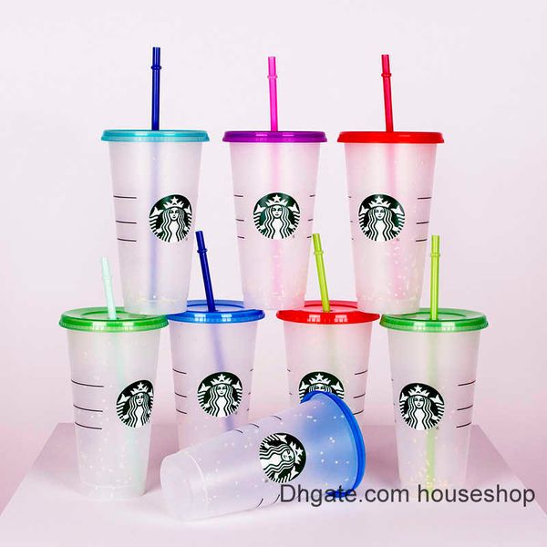 

starbucks mug 24oz/710ml plastic tumbler reusable clear drinking flat bottom cup pillar shape lid straw mugs bardian uv wholesale