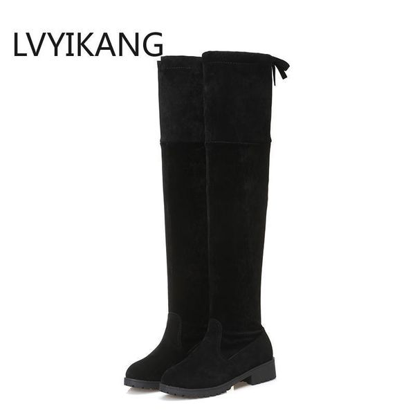 

boots 2021 women autumn winter ladies fashion flat bottom shoes over the knee thigh high suede 1 long #740, Black