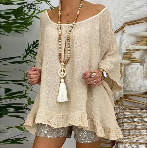 

women's blouses & shirts plus size boho and women loose cotton linen blouse three quarter sleeve ruffle pullover ladies casual, White