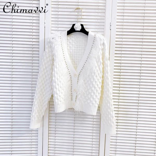 

women's knits & tees fashion v-neck single breasted loose sweater knitted wool cardigan feather stitching rhinestone coat 2021 winter, White
