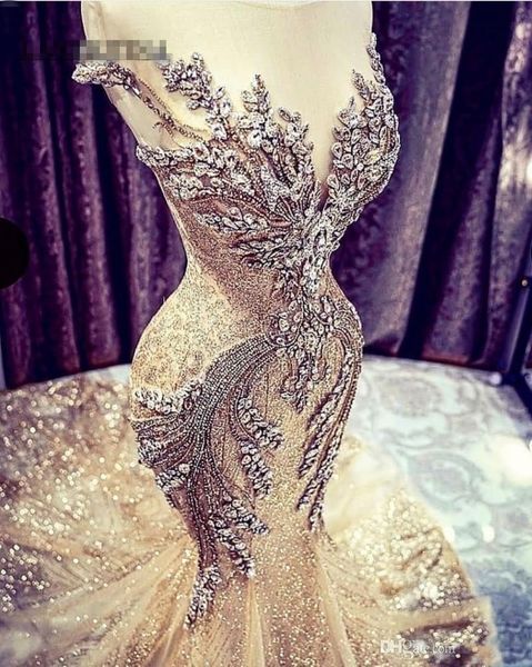 

2022 gold prom dresses mermaid african evening gowns sheer jewel beaded backless modest formal party special occasion lady gala robe de soir, Black