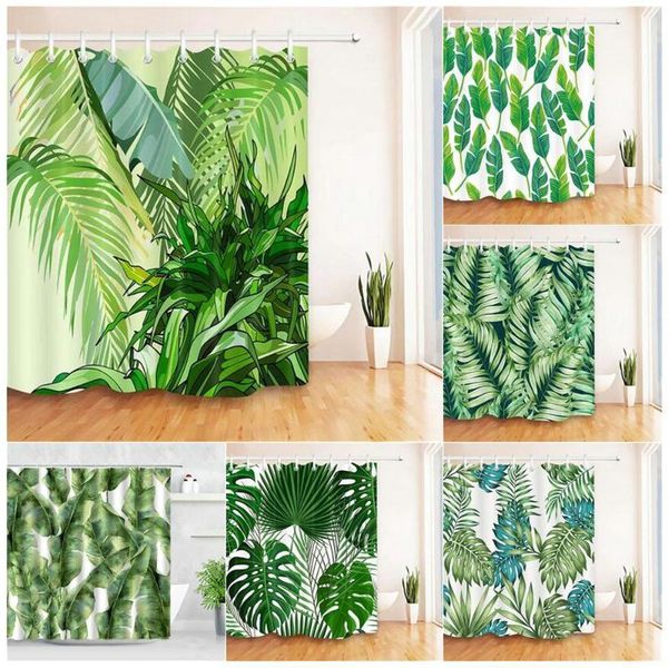 

shower curtains green leaves printing curtain set tropical plant bathroom nature leaf waterproof cloth bath screen bathtub decor