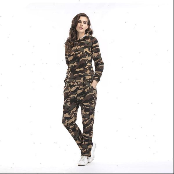 

camouflage print 2ps set hat collar hooded female hoodies long sleeve sweatshirt slim sport running trouser casual training suit, Gray