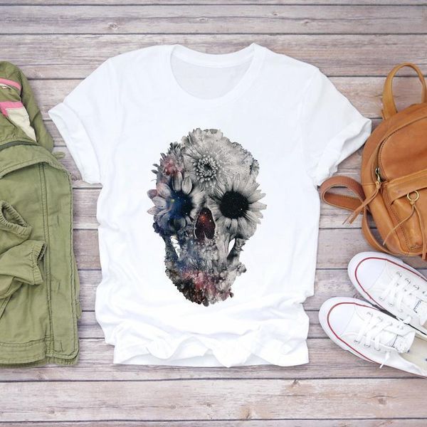

women 2021 skull floral printing harajuku fashion print lady t-shirts womens t shirt ladies graphic female tee t-shirt, White