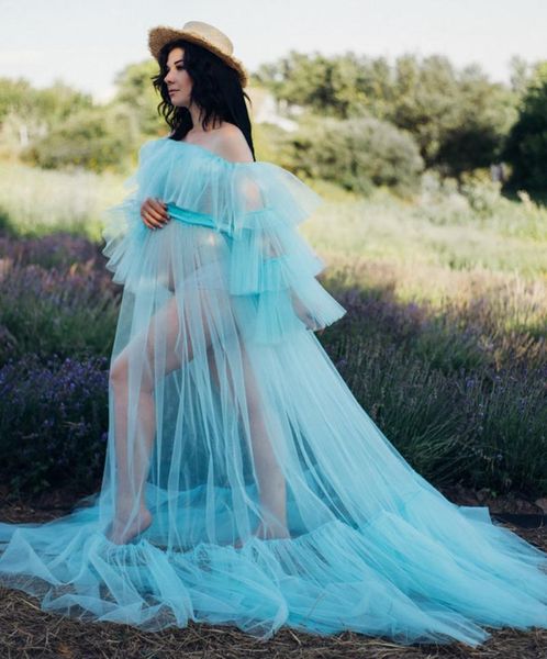 

casual dresses sky blue long see through poshoot tulle robes elegant off shoulder women materinity robe with ribon trim custom made, Black;gray