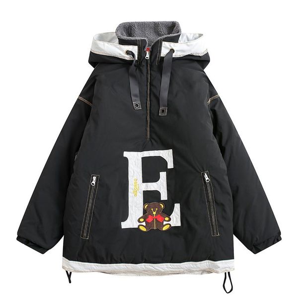 

women's trench coats winter pullover retro jacket ladies velvet thickening hooded oversized black letter bear embroidery cotton, Tan;black