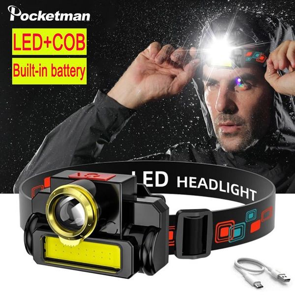 

headlamps portable headlamp mini zoom xpe+cob led built-in rechargeable 18650 battery outdoor camping headlight