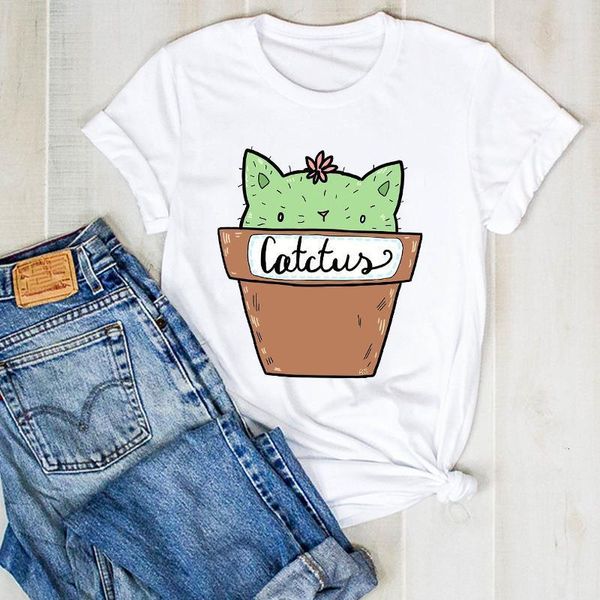 

women lady plant cat pet cute cartoon summer cactus ladies t tee tshirt womens female shirt clothes graphic clothing t-shirt, White
