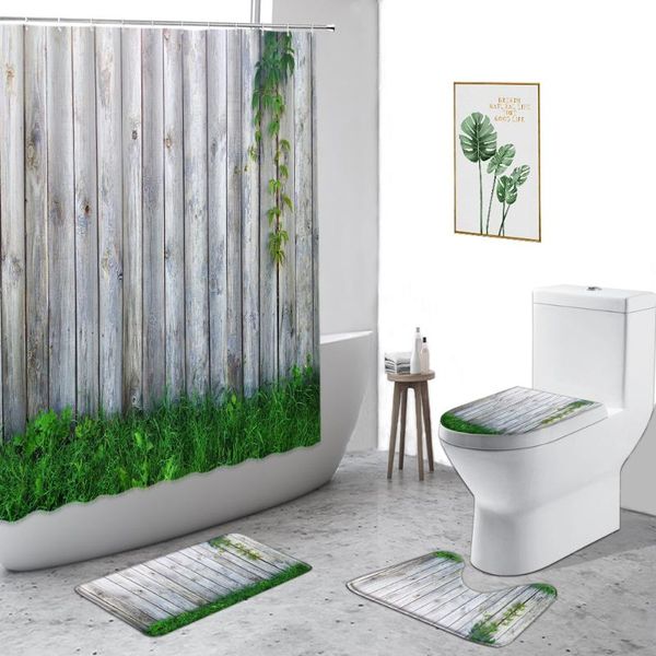 

shower curtains retro wood grain curtain green plants nostalgic wooden door fabric bathroom decor 4-piece non-slip carpet bath