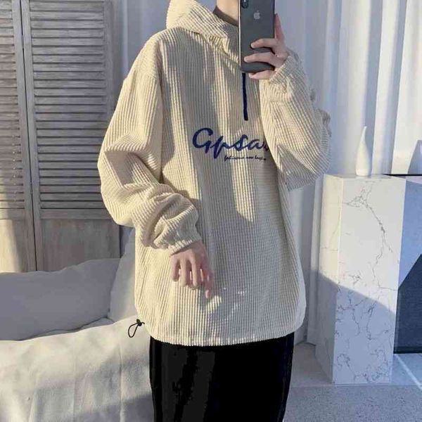 

corduroy polo collar hoodies men oversized sweatshirts pullovers hooded long sleeves spring autumn plus velvet female clothing, Black