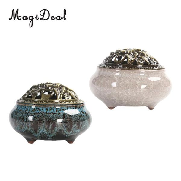 

fragrance lamps 2x cone incense burner with alloy cover chinese traditional porcelain sandalwood censer ceramic ash catcher tray bowl