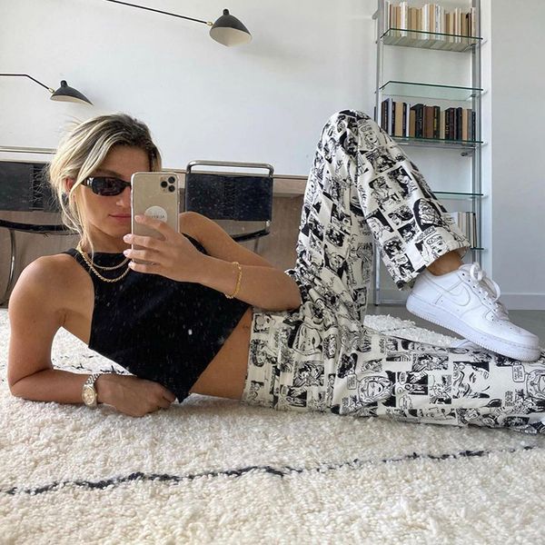 

streetwear harajuku women straight pant high waist casual cartoon printed autumn loose trouser 2021 fashion female pant, Black;white
