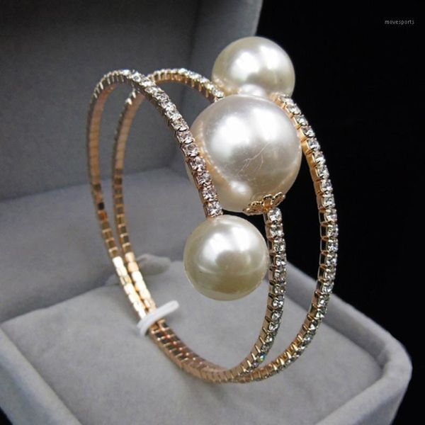 

charm bracelets wedding jewelry gold/silver plated open cuff simple double simulated pearl ball bead adjustable bangles for women1, Golden;silver