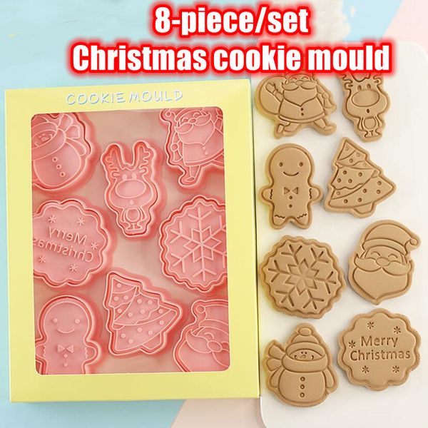 

1 set christmas cookie mold 8-piece full kit cartoon santa gingerbread man christmas tree pressing cookie baking diy tool pp material