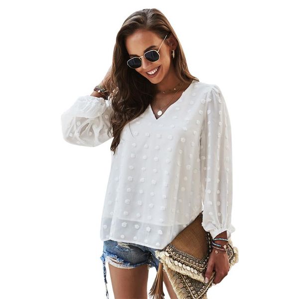 

women's t-shirt loose multi-color 2021 summer long-sleeved v-neck raised dot pattern thin sunscreen solid color women sexy, White