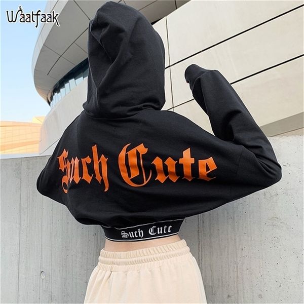 Waatfaak hoody streetwear felpa donna nera harajuku felpe con cappuccio donne lettera stampa casual autunno ritaglio sudore femme hip hop top lj200815