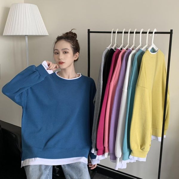 

women's hoodies & sweatshirts nine colors autumn 2021 loose fake two-piece fashion solid color pullover lng-sleeved hoodier ins tide, Black