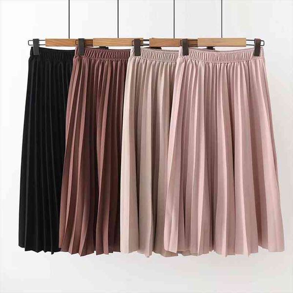 

spring summer high waist solid women skirts color pleated causal midi, Black