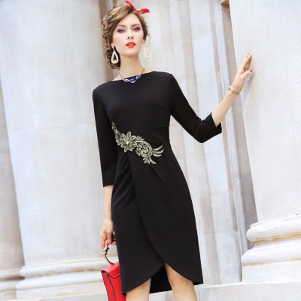 

2021 new office lady solid autumn spring casual embroidery dress women's slim patchwork slash-neck black hepburn style skirt kkxi, Black;gray