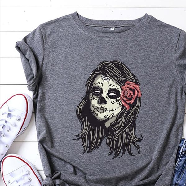 

trendy skull day of the dead vestidos leisure tshirt retro beautifu harajuku t shirt skull girl with rose camiseta mujer, White