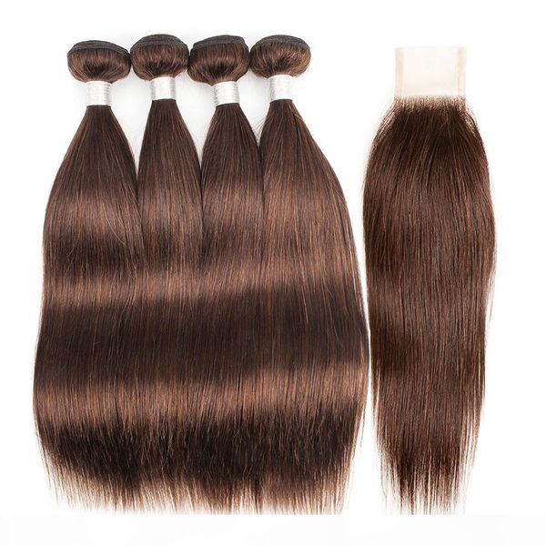 

#4 chocolate brown brazilian straight hair weave bundles with closure 3 4 bundles with 2x6 lace closure remy human hair extensions, Black;brown