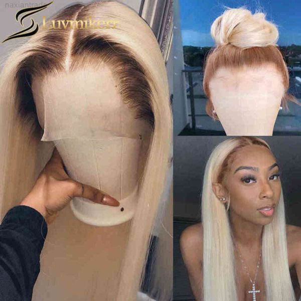 

brown ombre blonde straight 13x5 hu hair hd transparent pre plucked bleach knots 613 lace frontal wig women 30, Black
