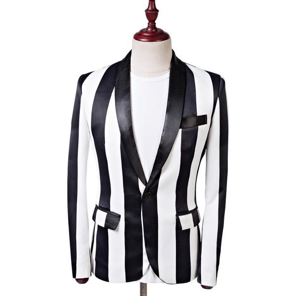 

men's suits & blazers european and american trendy black white long striped print shawl collar slim suit jacket club party casual, White;black