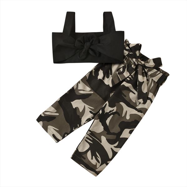 

summer kids baby girls outfit solid black sleeveless suspender camouflage printing pants set clothes 6m 5y, White