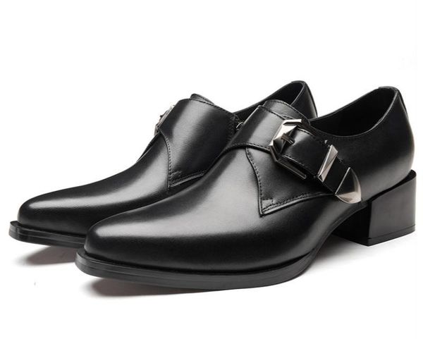 

dress shoes trendy buckle genuine leather men 5cm high heels mens formal suit wedding business office career work, Black