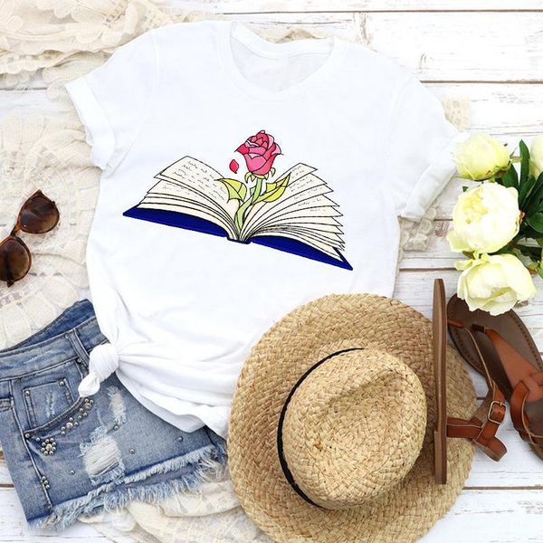 

women graphic cartoon flower reading cute fashion 90s girl lady tees print t shirt clothing female shirt womens t-shirt, White