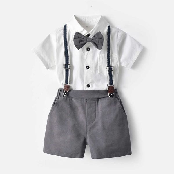 

tem doger 2021 summer new fashion boys clothing sets toddler gentleman set bowtie short sleeve shirt+suspenders shorts kid cloth x0802, White