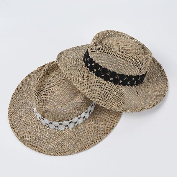 

2021 new lace ribbon summer women wide brim seagrass straw fashion lady sun boater hat beach hats 2hh7, Blue;gray