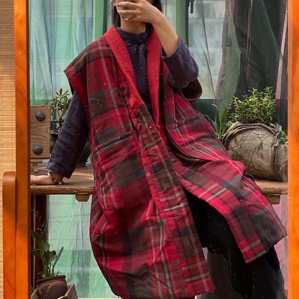 

women's vests johnature women vintage 2021 winter cotton red plaid long coats chinese style sleeveless v-neck casual big pocket, Black;white