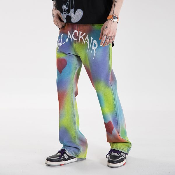 

new 2021 lover pattern letter graffiti streetwear jeans for men straight washed frayed denim trousers loose casual jean pants n4gq, Blue