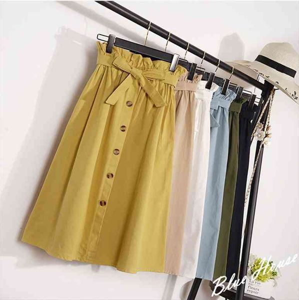 

spring summer women skirts midi knee length female pleated school skirt korean elegant button high waist a-line skirt, Black